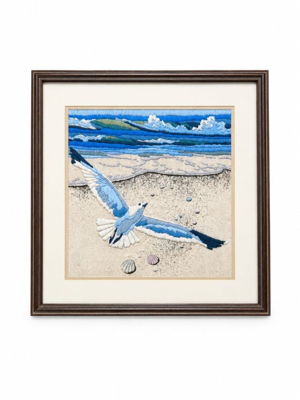 Needlework Framed Wall Art Seagull Beach Scene Handmade Vintage Wood Frame Aida